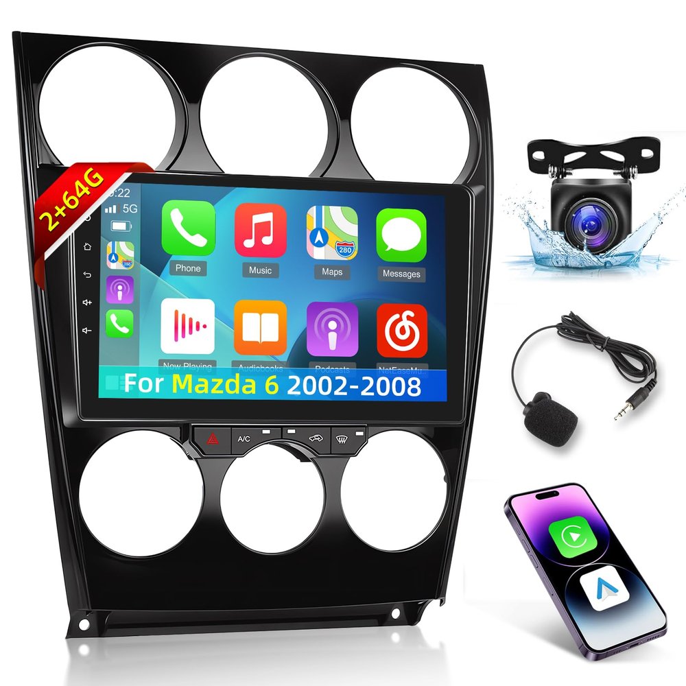 2+64G Car Radio for Mazda 6 2002-2008 - Wireless Carplay & Android Auto - 9 Inch Android 13 Stereo with WiFi/EQ/GPS + AHD Rear View Camera