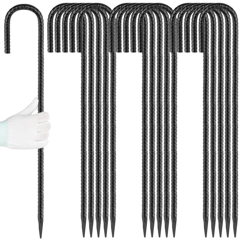 Besitu 24 inches J Hook Rebar Stakes (16-Pack), Extra Long Garden Stakes with Chisel Point End Steel Rebar Ground Stakes for Tent Chain Link Fence and Outdoor Decorations Black Coated