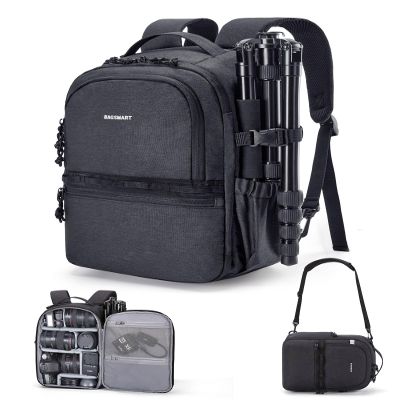 BAGSMART Camera Backpack, DSLR SLR Small Camera Bags for Photographers Compatible for Sony Canon Nikon, Shoulder Strap 2-in-1 Travel Backpack Fits 12.9" iPad, Black