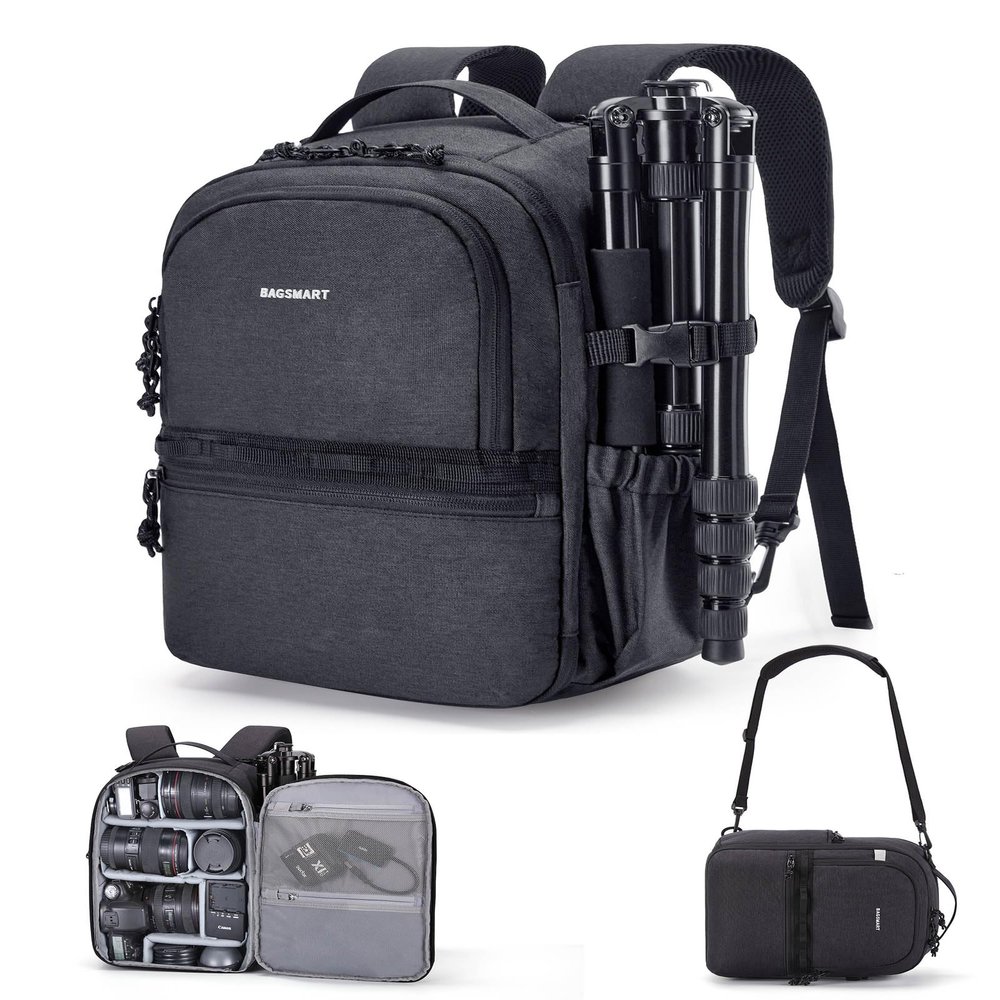 BAGSMART Camera Backpack, DSLR SLR Small Camera Bags for Photographers Compatible for Sony Canon Nikon, Shoulder Strap 2-in-1 Travel Backpack Fits 12.9" iPad, Black
