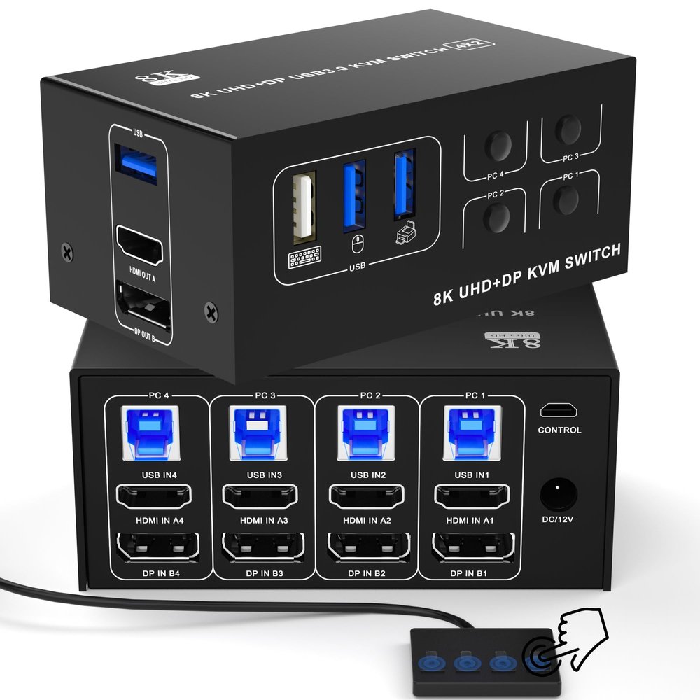 KVM Switch 4 Computer 2 Monitor - 8K@60Hz 4K@120Hz HDMI and Displayport Dual Monitor KVM Switcher for 4 PC 2 Monitor, with Desktop Controller