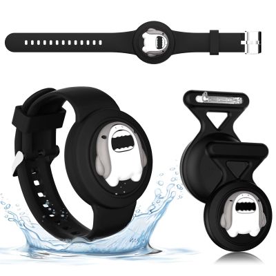 [2in1] for AirTag Bracelet & AirTag Holder with Pin, Kids Airtag Case and Kids Air Tag Bracelet Waterproof Air tag Holder Cute Design Soft Silicone Air Tag Case for Children Teens (Black-Shark)