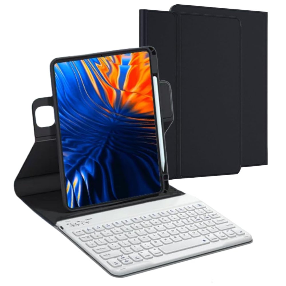 AnMengXinLing for iPad Air 11 inch (M3/M2) Case with Keyboard, Vertical Keyboard Case for iPad Air 5th/4th Gen, Clear Back Case with Magnetic Detachable Keyboard, 360 Rotate-Black+White