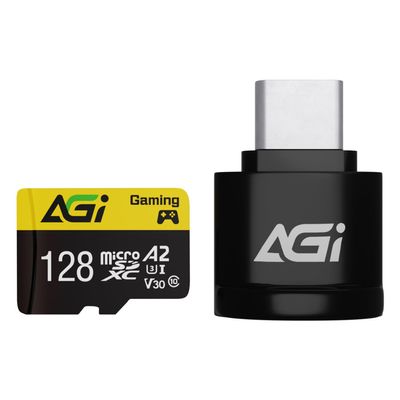 AGI 128GB MicroSDXC Memory Card with Type C Card Reader TF138 A2 U3 V30 4K C10 (98/70MB)