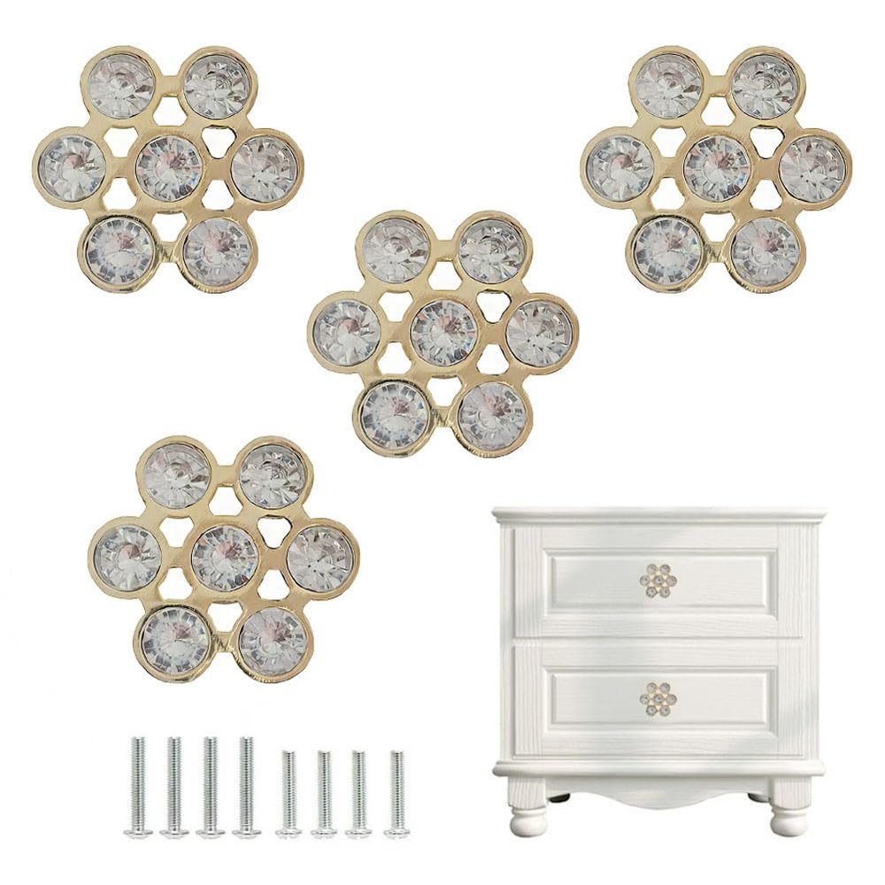 Sutfmwe Crystal Drawer Knobs, Rhinestone Cabinet Knobs, Crystal Rhinestone Decorative Dresser Knobs, Funky Furniture Hardware Single Hole Gold Pull Handle Knobs 4PCS