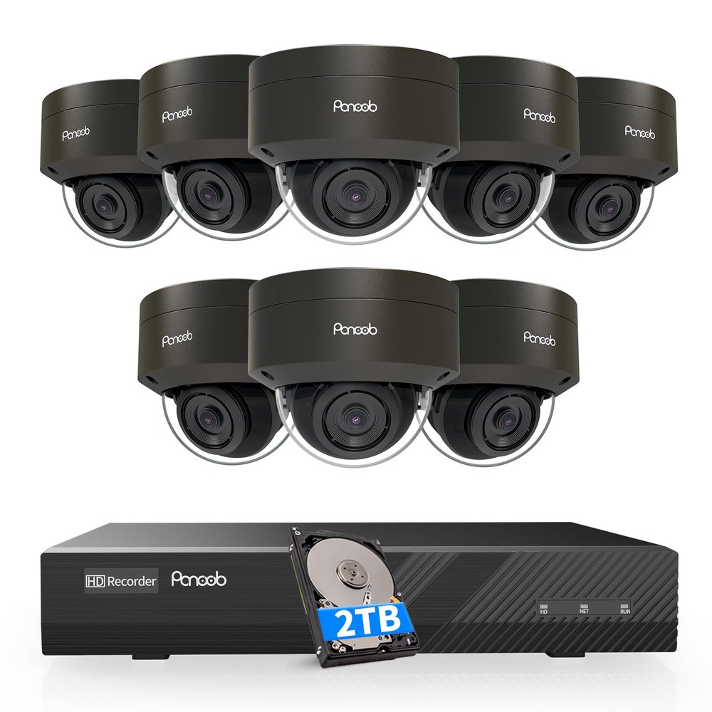 PANOOB Security Camera System PoE, 8PCS 5MP Wired IP IK10 Vandal-Proof PoE Dome Camera, AI Human Detection, Remote Access, 100ft IR Night Vision Built-in Mic, 4K 8CH NVR 2TB HDD, PD54B0808-5M