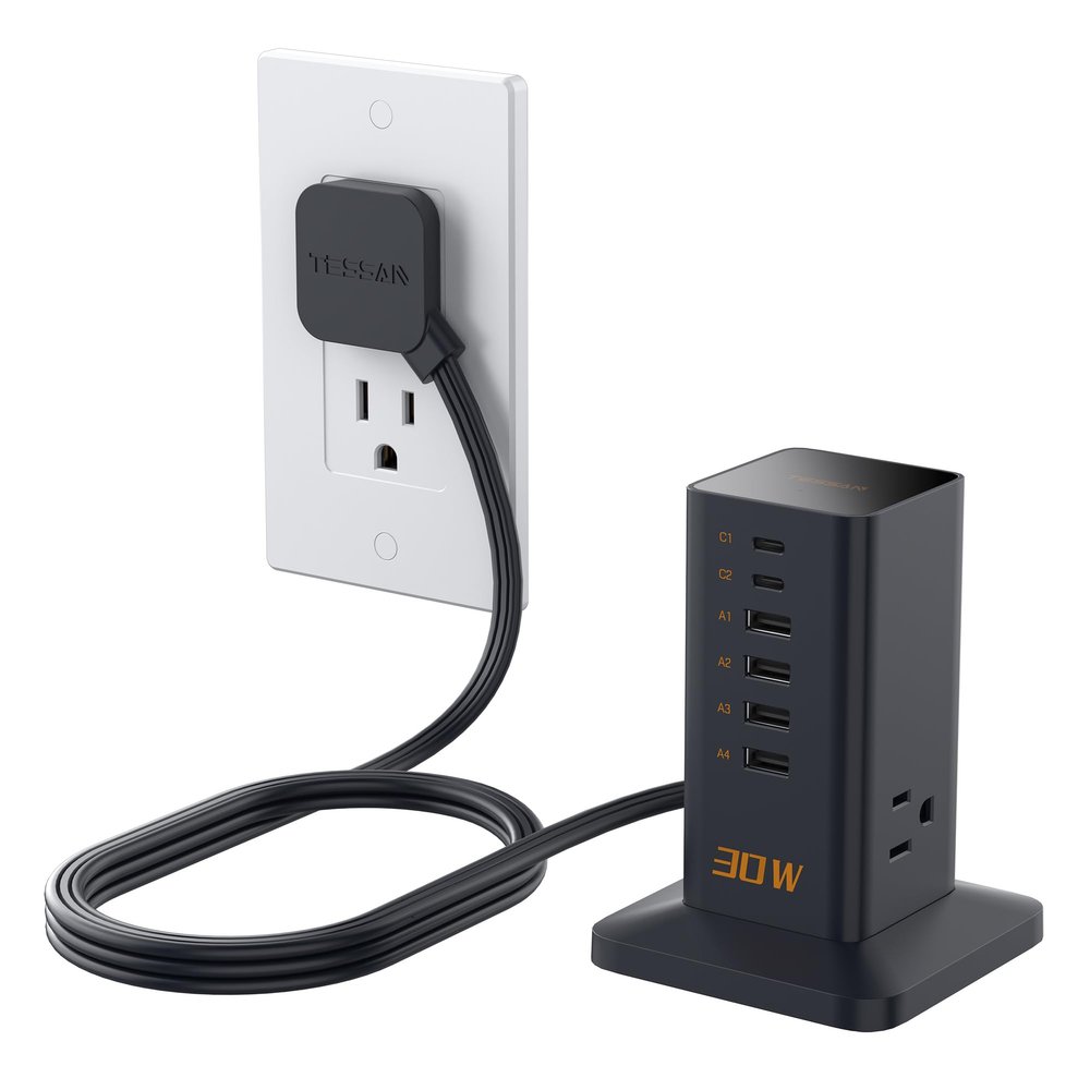 Charging Station for Multiple Devices, TESSAN 9-in-1 USB C Power Strip for iPhone 17/16/15, MacBook, Tablet, Desktop Phone Fast Charger with 3 AC, USB Charger, Home Drom Office Accessories, Black-30W