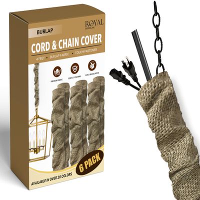 Royal Designs, Inc. Cord & Chain Cover 4 ft Silk Type Fabric, Chandelier Pendant Lighting Chain & Cable Management, Touch Fastener, Burlap - 6 Pack