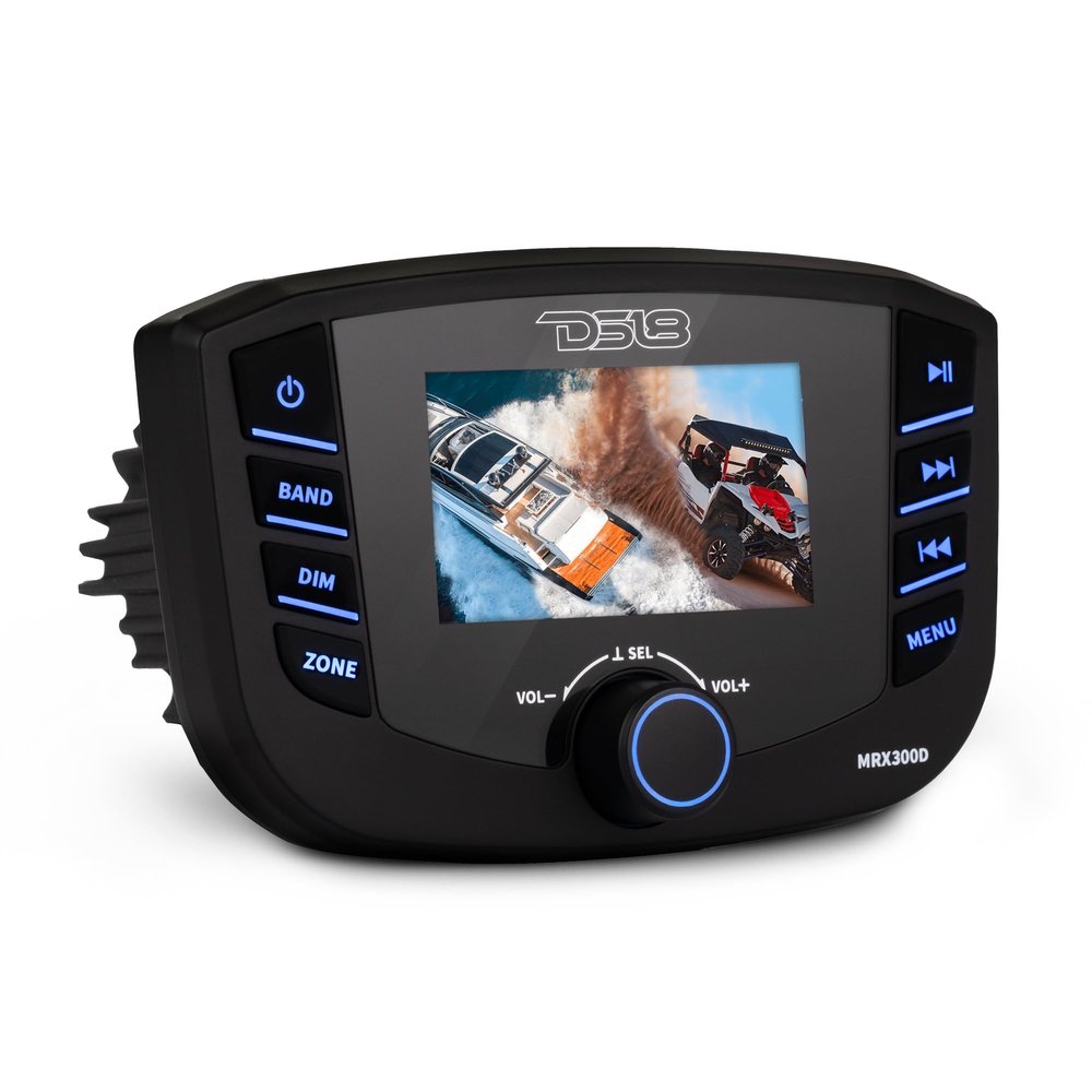 DS18 MRX300D Marine and Powersports Headunit TFT Screen Gorilla Glass, Water Resistant IPX6, 3 Zones, 4 Volts Output, RDS 4X50 Watts with DAB+ for Europe, Bluetooth Radio Receiver Weatherproof