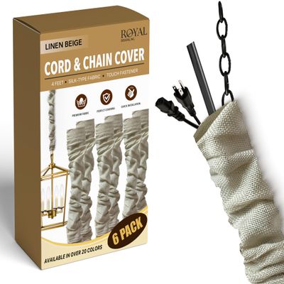 Royal Designs, Inc. Cord & Chain Cover 4 ft Silk Type Fabric, Chandelier Pendant Lighting Chain & Cable Management, Touch Fastener, Linen Beige - 6 Pack