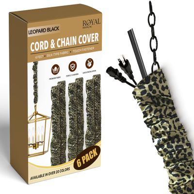 Royal Designs, Inc. Cord & Chain Cover 4 ft Silk Type Fabric, Chandelier Pendant Lighting Chain & Cable Management, Touch Fastener, Leopard Black - 6 Pack