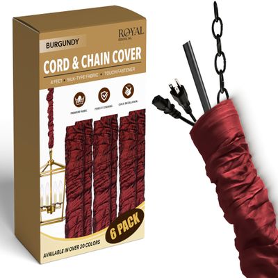 Royal Designs, Inc. Cord & Chain Cover 4 ft Silk Type Fabric, Chandelier Pendant Lighting Chain & Cable Management, Touch Fastener, Burgundy - 6 Pack