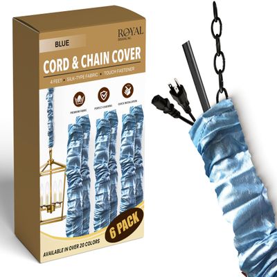 Royal Designs, Inc. Cord & Chain Cover 4 ft Silk Type Fabric, Chandelier Pendant Lighting Chain & Cable Management, Touch Fastener, Blue - 6 Pack