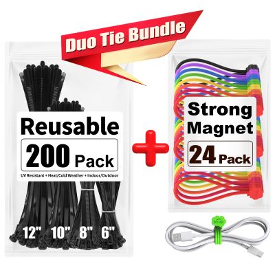 200 Pack Reusable Zip Ties + 24 Pack Magnetic Cable ties, Great for Bundling and Organizing