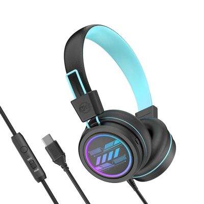 MEE audio KidJamz KJ55 Safe Listening USB-C Headphones for Children with Multicolor LED Lights, Volume Limiter, & Microphone; On-Ear Wired Kid Headset for iPhone 16, iPad, & USB Type C Devices (Black)