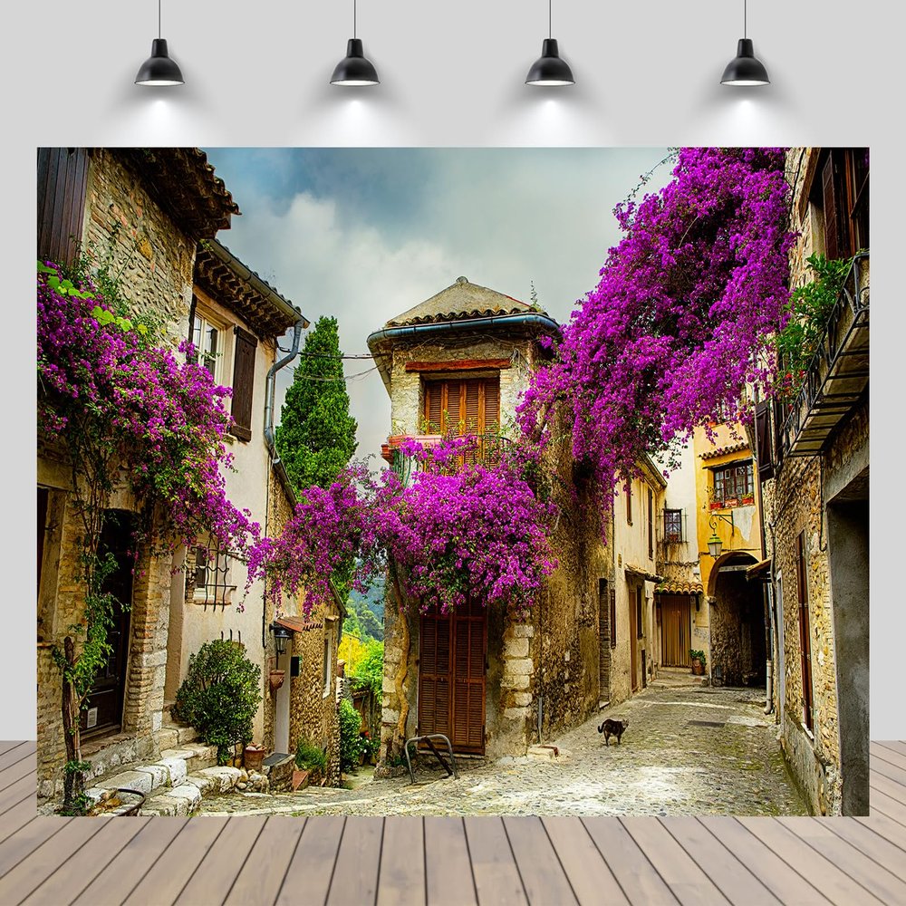 chnywork 5x3ft French Town Backdrop European Town Street Romantic Village Alley Blooming Flowers Background for European Travel Theme Wedding Party Decor Adult Lovers Portrait Photo Studio Props