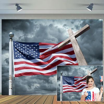 10 x 8 ft American Independence Day 4th of July Photography Backdrop Flag Stars and Stripes Flag Cross Veterans Day Decoration Background Kids Adult Portrait Banner Studio Props