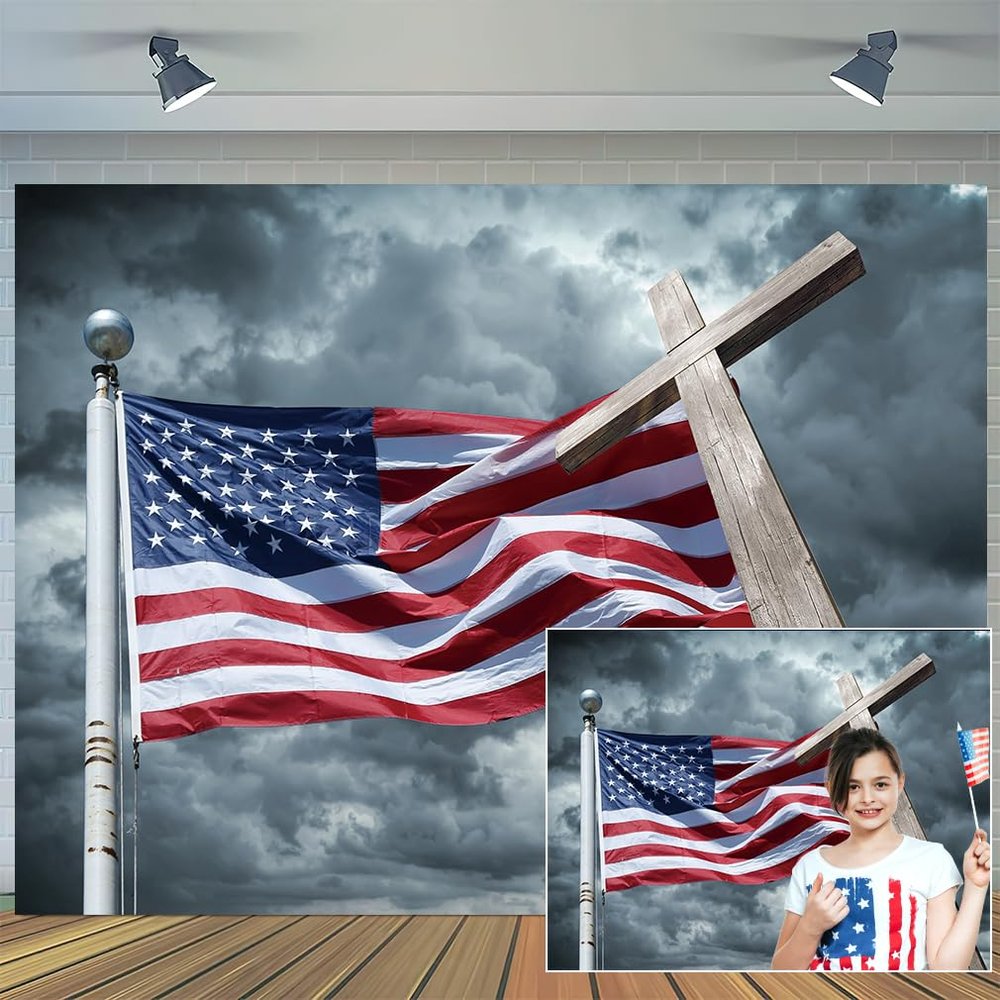 10 x 8 ft American Independence Day 4th of July Photography Backdrop Flag Stars and Stripes Flag Cross Veterans Day Decoration Background Kids Adult Portrait Banner Studio Props