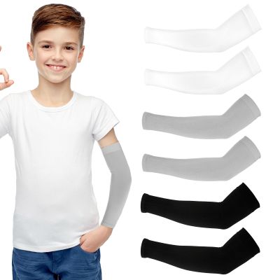 Abeillo 3Pairs Kids Arm Sleeves Thinly UV Sun Protection Cooling Arm Compression Sleeves, Outdoor Sport Breathable Elastic Ice Sleeve for Youth Boys Girls (7-12 Years) (Black&White&Grey)
