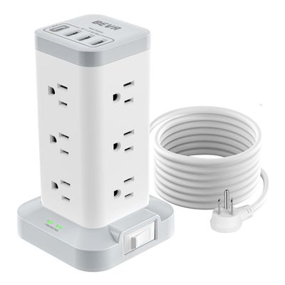 BEVA Power Strip Tower with USB Ports, 6.5 FT Surge Protector Power Tower, 12 AC and 4 USB Ports, 6.5 FT Extension Cord with Multiple Outlets, Office Supplies Office Organization