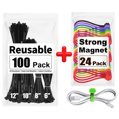 100 Pack Reusable Zip Ties + 24 Pack Magnetic Cable Ties Cute Cloud Design, Great for Bundling and Organizing