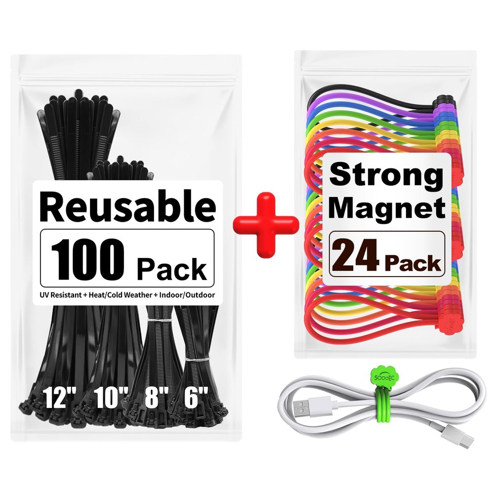 100 Pack Reusable Zip Ties + 24 Pack Magnetic Cable Ties Cute Cloud Design, Great for Bundling and Organizing