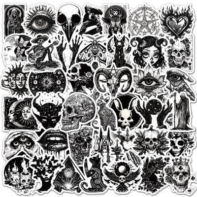 100Pcs Gothic Stickers Pack, Black and White Skull Stickers for Water Bottle Laptop Luggage Skateboard Planner Scrapbooking, Waterproof Vinyl Horror Decals for Adults
