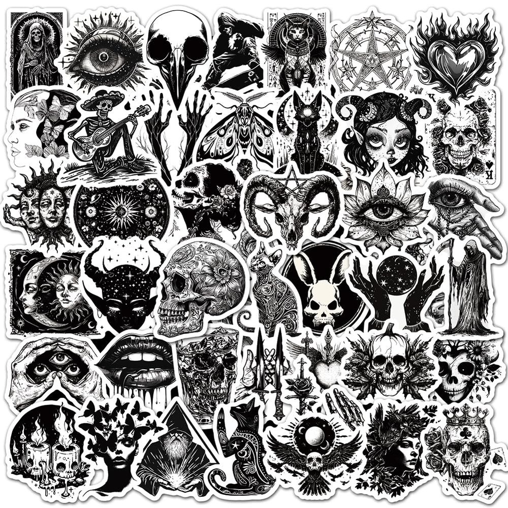 100Pcs Gothic Stickers Pack, Black and White Skull Stickers for Water Bottle Laptop Luggage Skateboard Planner Scrapbooking, Waterproof Vinyl Horror Decals for Adults