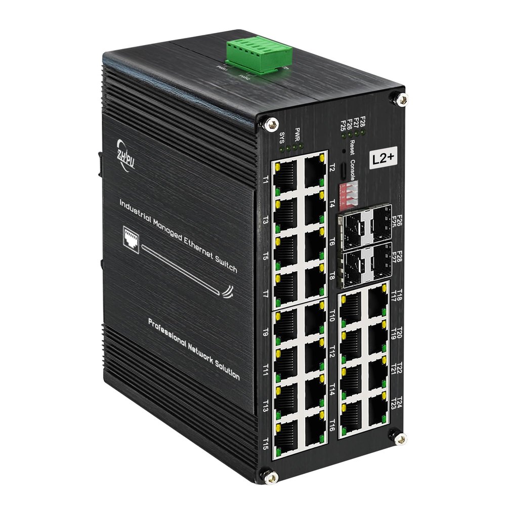 Industrial L2+ Managed 24 Port PoE Ethernet Switch with 4 SFP Slot, Gigabit Networking Switch with IPv4/IPv6 Management and DIP Switch, Supporting Din-Rail