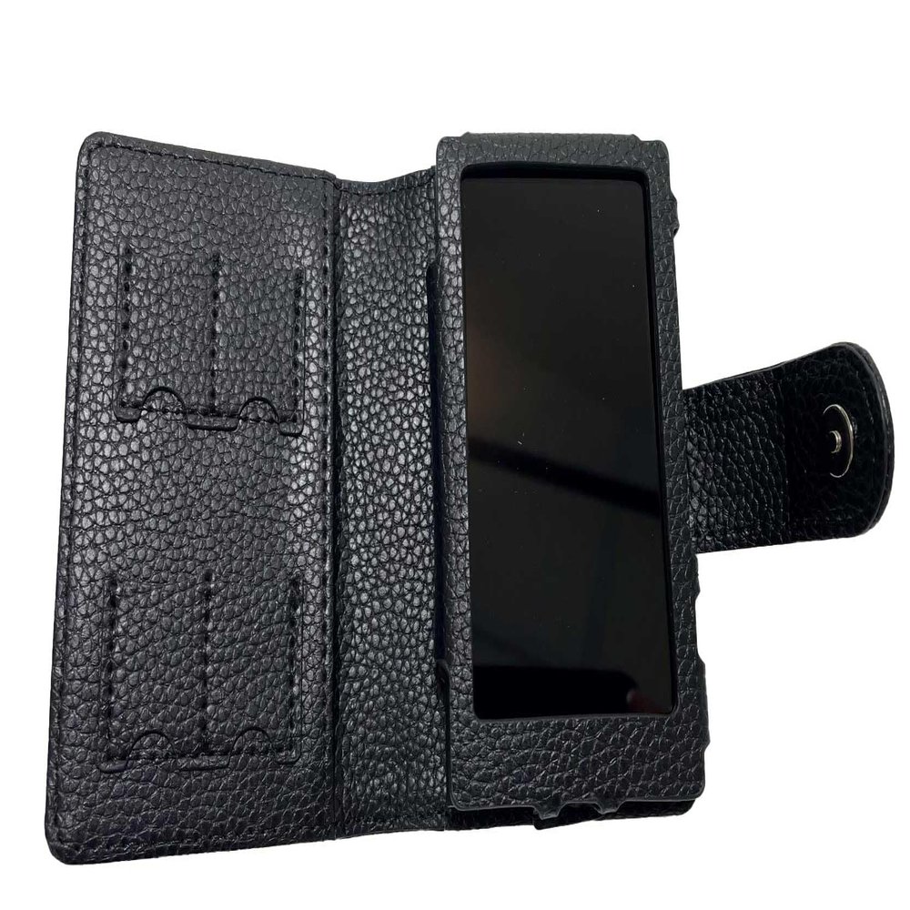 TUFF LUV Premium Faux Leather Case [Compatible With Sony Walkman] NW-A300 Series [A307, A306, A303]  Elegant Black Protective Cover with Magnetic Clasp & 4 Micro SD Card Slots