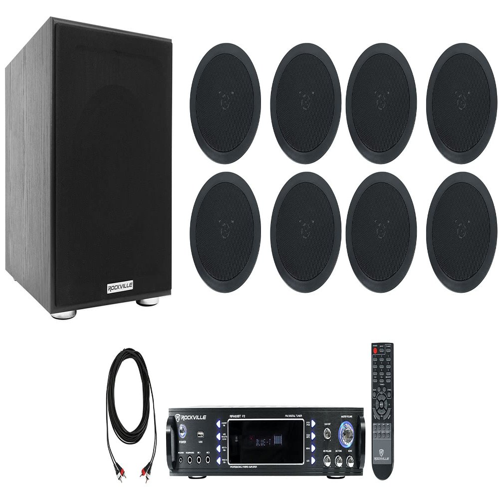 Rockville RPA60BT V2 Home Theater Receiver with 8 HC55-16 Speakers, Sub