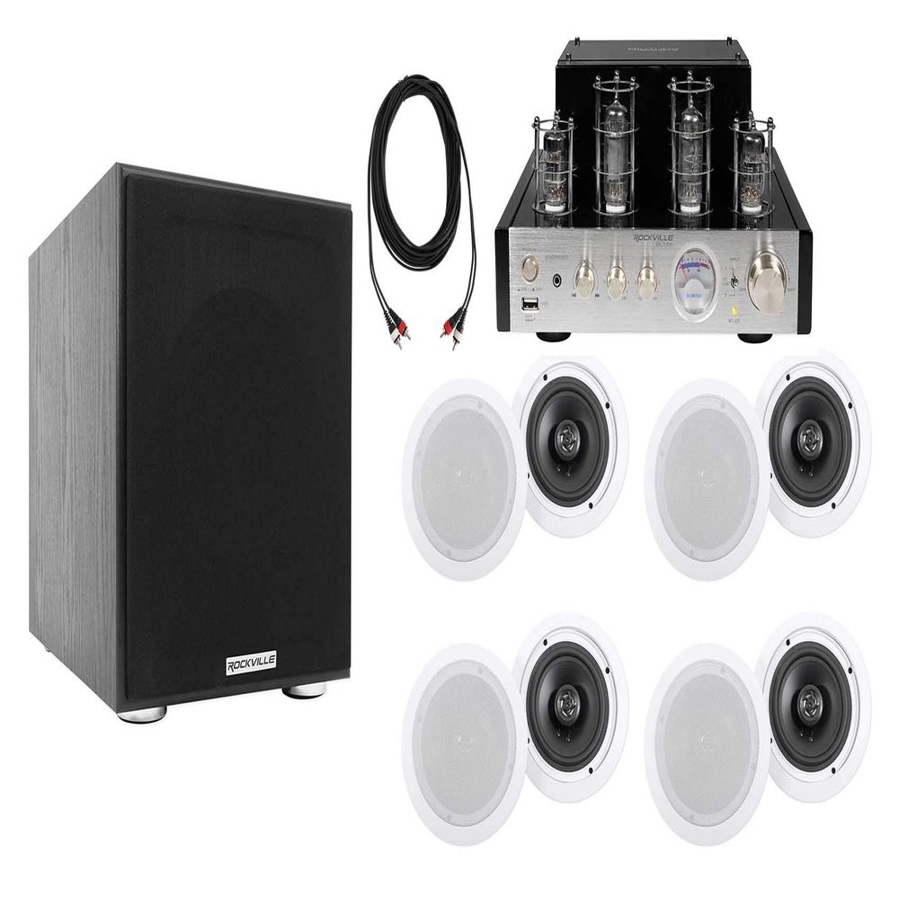 Rockville BluTube SG Bundle: Tube Stereo Receiver with Bluetooth, (4) Pairs HC655-16 6.5" in-Ceiling Speakers 80W RMS 250W Peak Each, Rock Shaker 8" Subwoofer 200W RMS 400W Peak, RCA Cable, 8 Items