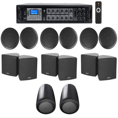 Rockville Bundle RCS350-6 Amplifier Bundle with (2) JBL Control 65 P/T Pendant Speakers, (6) Cube Swivel Wall Mount Speakers, (6) CC65T Ceiling Speaker (15 Items)