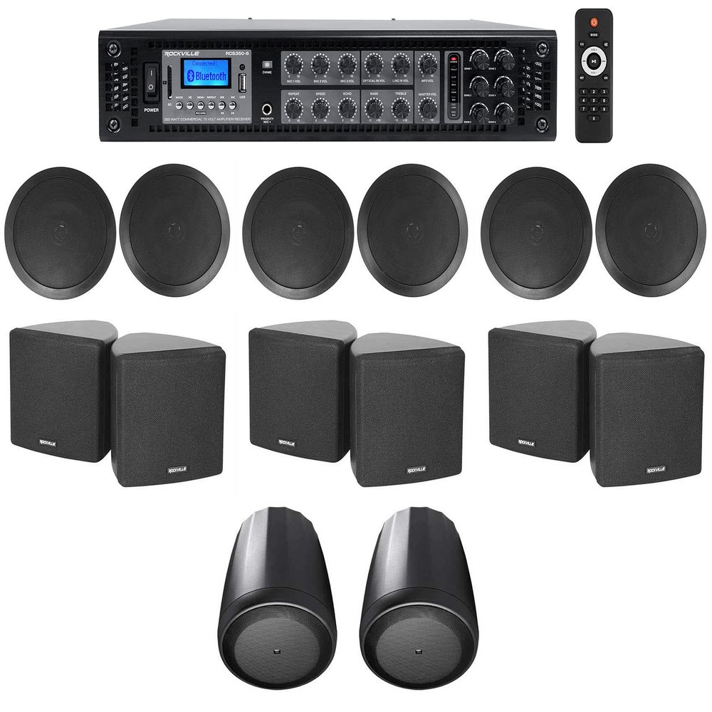 Rockville Bundle RCS350-6 Amplifier Bundle with (2) JBL Control 65 P/T Pendant Speakers, (6) Cube Swivel Wall Mount Speakers, (6) CC65T Ceiling Speaker (15 Items)