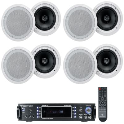 Rockville Bundle: (1) Rockville RPA60BT V2 1000 Watt 2-Ch USB Bluetooth DJ/Pro/Karaoke Amplifier Mixer Bundle with (8) Rockville HC85-16 White 8" in-Ceiling Home Theater Speakers 16 Ohm (9 Items)