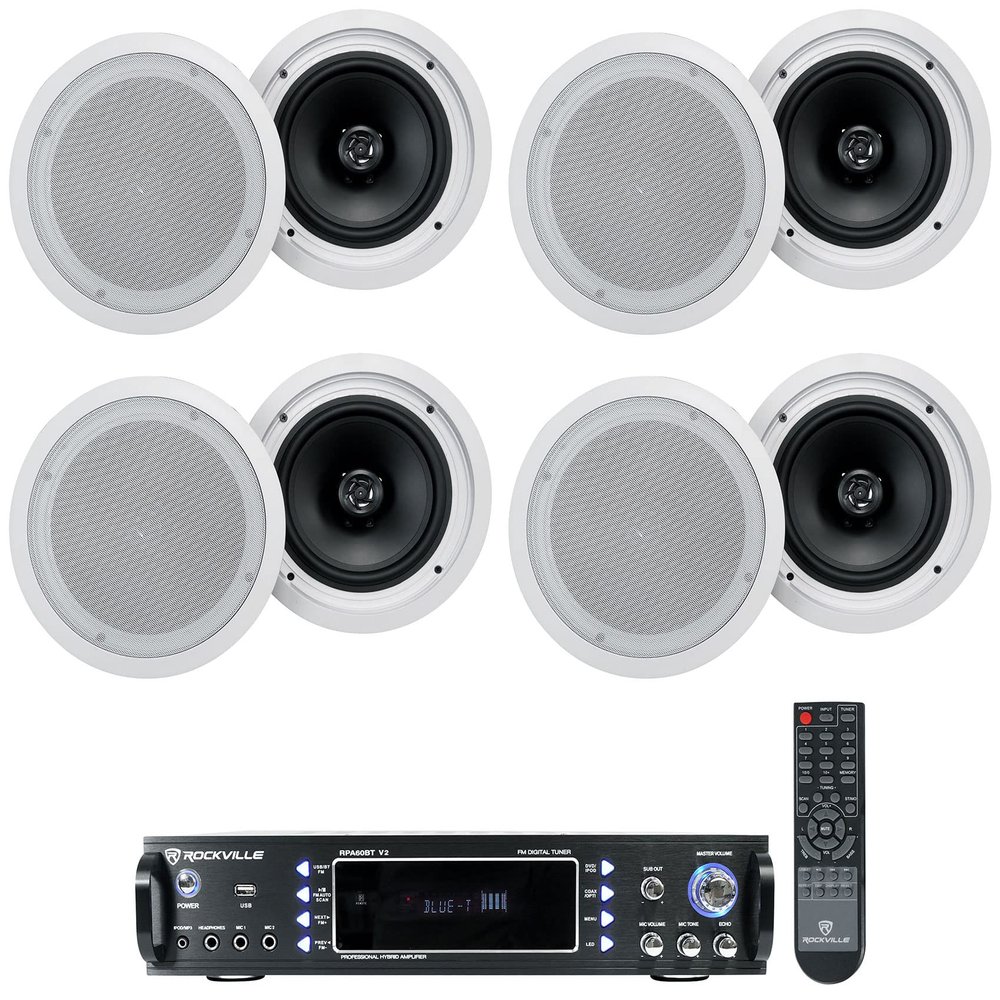 Rockville Bundle: (1) Rockville RPA60BT V2 1000 Watt 2-Ch USB Bluetooth DJ/Pro/Karaoke Amplifier Mixer Bundle with (8) Rockville HC85-16 White 8" in-Ceiling Home Theater Speakers 16 Ohm (9 Items)