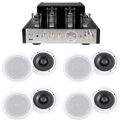 Rockville BluTube SG Bundle: Tube Home Theater Stereo Receiver with Bluetooth, (4) Pairs HC655-16 6.5" in-Ceiling Speakers 16 Ohm, 8 Items