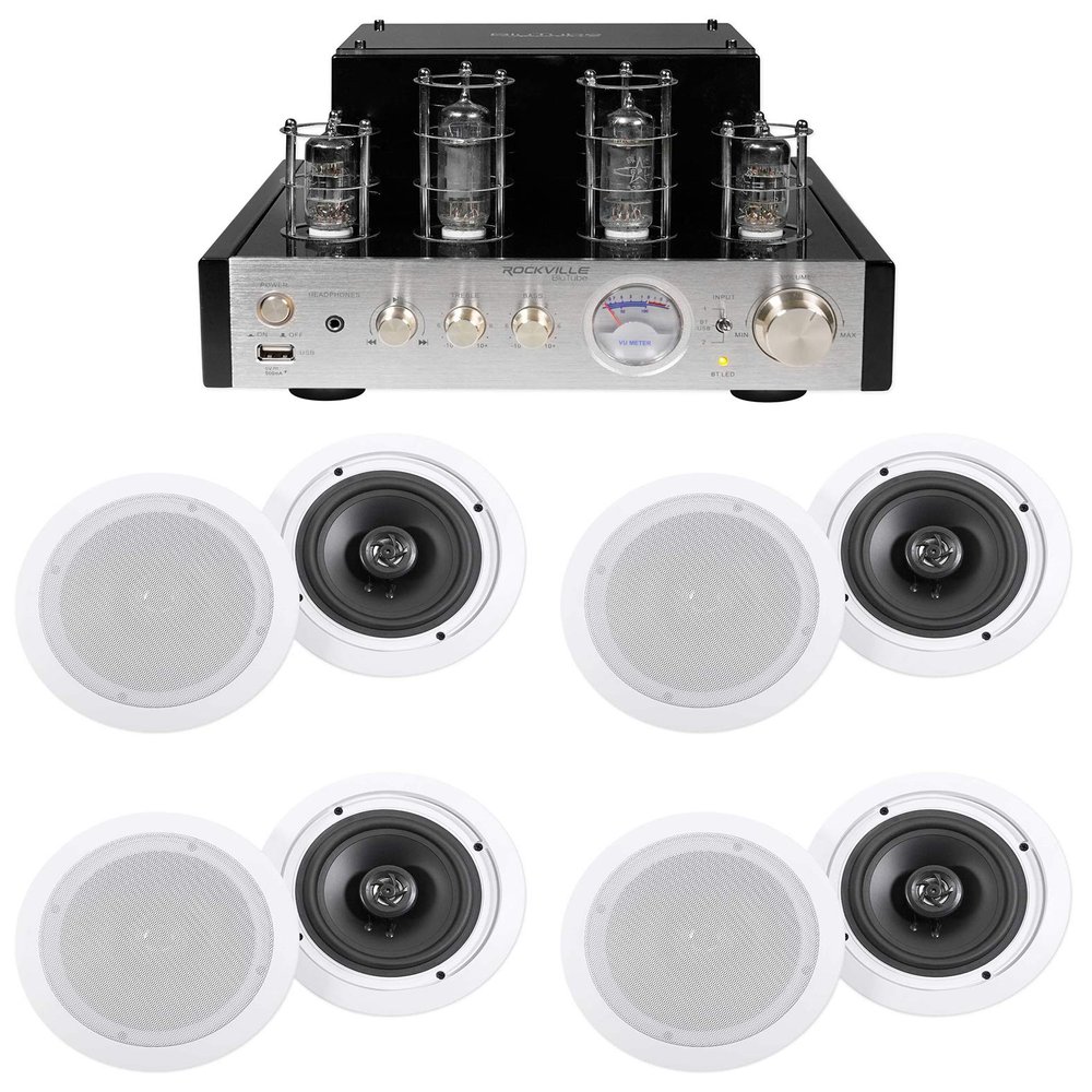 Rockville BluTube SG Bundle: Tube Home Theater Stereo Receiver with Bluetooth, (4) Pairs HC655-16 6.5" in-Ceiling Speakers 16 Ohm, 8 Items