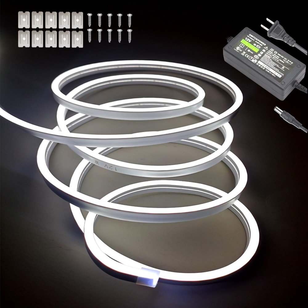 TiTiToo 5M 12V White Neon LED Strip LightsDC 600 SMD2835 LEDs Waterproof for Home Decoration.(Includes Power Adapter)