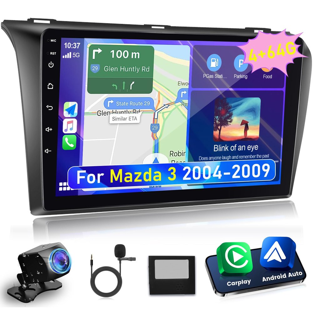 [4+64G] NHOPEEW Car Radio for Mazda 3 2004-2009 with Wireless Carplay and Android Auto - 9 Inch 1280 * 720 IPS Touchscreen Android Car Stereo - DSP 32EQ / GPS/WiFi/SWC/Bluetooth + AHD Backup Camera