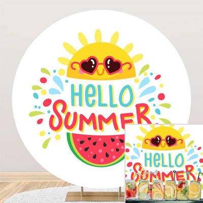 DORCEV Diamater 7.2ft Hello Summer Polyester Round Backdrop Cover Cartoon Sun Watermelon Circle Photography Background Kids Party Decoration Supplies Cake Table Banner Favors Photo Booth Studio Prop