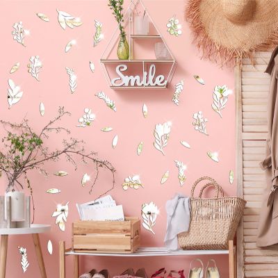 Floral Leaf Wall Stickers Decor Acrylic Mirror Stickers for Walls 3D Silver Mirror Wall Decals Plant Leaf Wall Stickers Botanical Tree Leaves Wall Decals for Bedroom Living Room Decorations