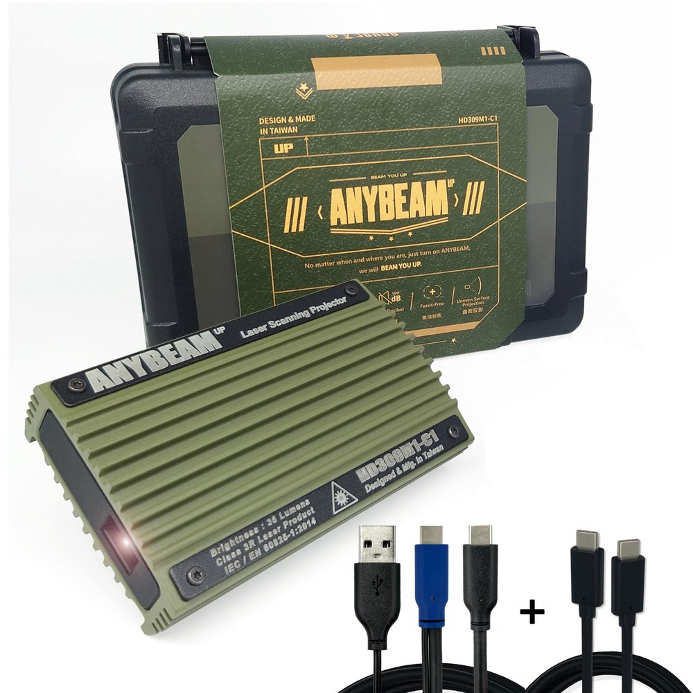 AnyBeam UP" Mini Laser Scanning Camping Projector for iPhone 15,16/Android , Focus-free, 720p, 100" Projection Size, 34 ANSI, 4K Compatible, Auto Keystone, Low Power Consumption, USB-C DisplayPort