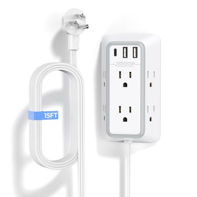 NTONPOWER Power Strip with Flat Plug 15 ft Cord, Extension Cord, Wall Mount Power Strip with USB, Long Extension Cord with USB C for Home Office Accessories, White