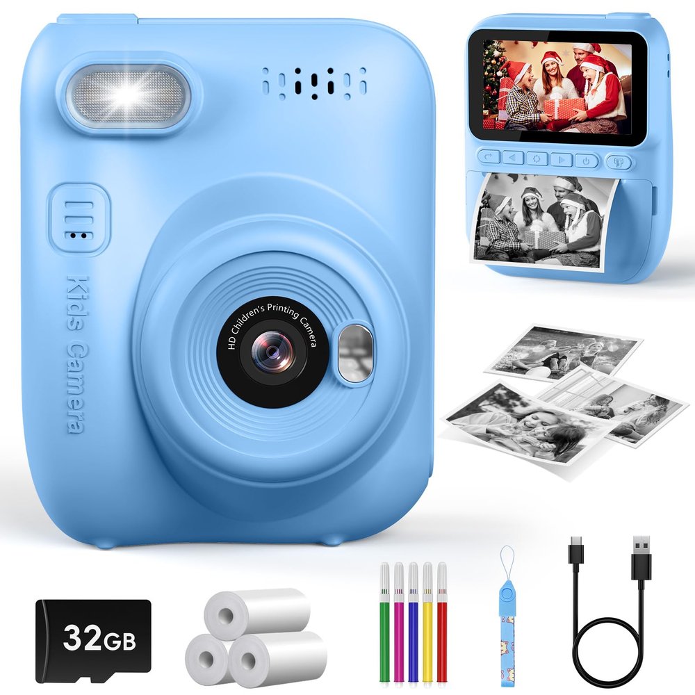 Kids Instant Print Camera, 3.0-inch HD Screen 32MP Photo Instant Digital Camera Christmas Birthday Gifts Toys for Children Girls Boys Age 3-12 - Blue