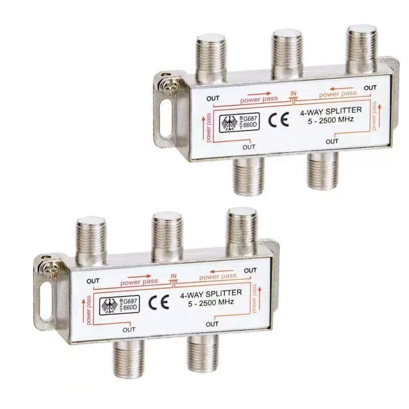 CORONIR 5-2500MHz, 4 Way Coaxial Cable Splitter for STB TV, Antenna and MoCA Network, TV Antenna Splitter for RG6 RG59 Coax Cable Satellite HDTV, Pack of 2