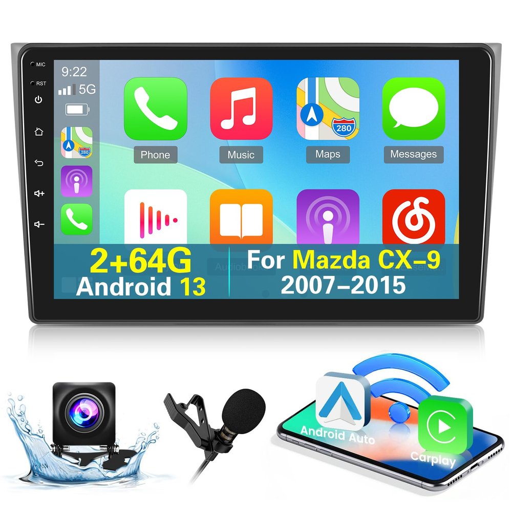 [2+64G] Android 13 Car Radio for Mazda CX-9 2007-2015 - Wireless Carplay and Android Auto - 10.1 Inch Touchscreen Car Stereo with Multiple Themes/GPS/WiFi/SWC + AHD Backup Camera