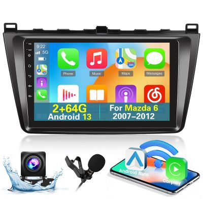 [2+64G] Android 13 Car Radio for Mazda 6 2007-2012 with Wireless Carplay and Android Auto - 9 Inch Touch Screen Car Stereo - Multiple UI Themes/GPS/WiFi/SWC + AHD Backup Camera