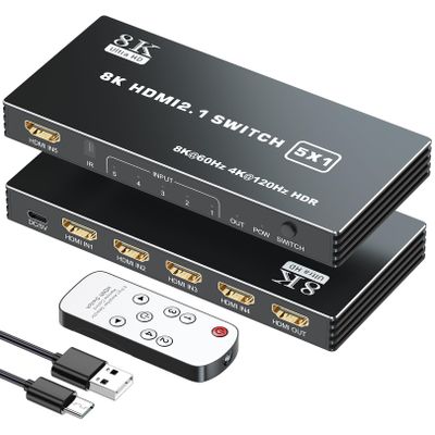 HDMI 2.1 Switch 5x1, 8K HDMI Switch 5 in 1 Out, Support 8K/60Hz 4K/120Hz HDCP 2.3 HDR10, 5-Port HDMI Switcher Selector Box Compatible with PS3/4/5, Fire Stick, DVD, Xbox Switch and Other HDMI Devices