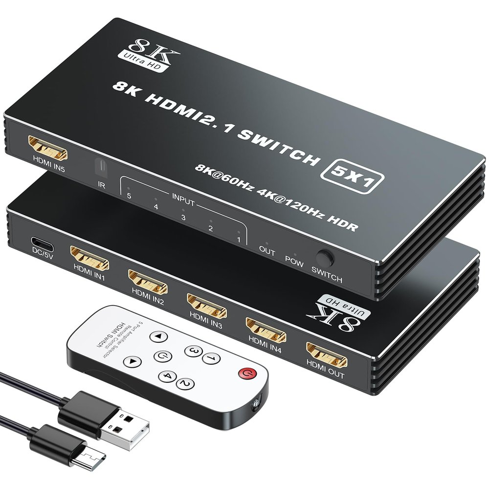 HDMI 2.1 Switch 5x1, 8K HDMI Switch 5 in 1 Out, Support 8K/60Hz 4K/120Hz HDCP 2.3 HDR10, 5-Port HDMI Switcher Selector Box Compatible with PS3/4/5, Fire Stick, DVD, Xbox Switch and Other HDMI Devices